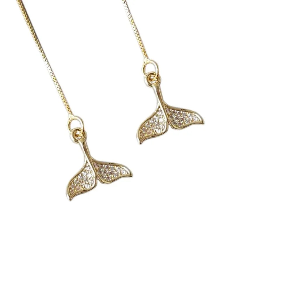 14K Gold Plated Copper Fishbone Drop Earrings With Micro Pave Zircon, Premium Fishtail Ear Thread Jewelry