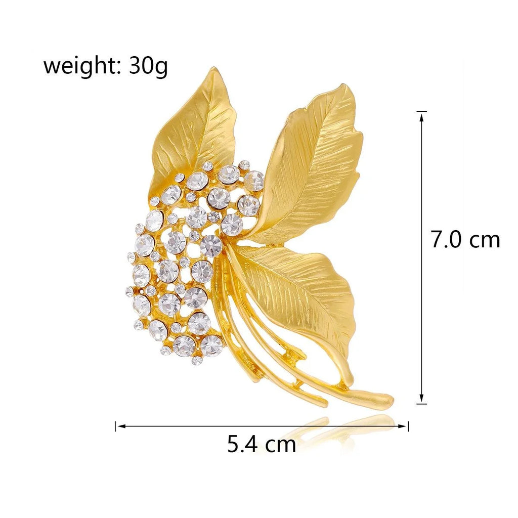 Elegant Gold Alloy Leaf Flower Brooch With Clear Rhinestones, Women's Lapel Pin Corsage Gift