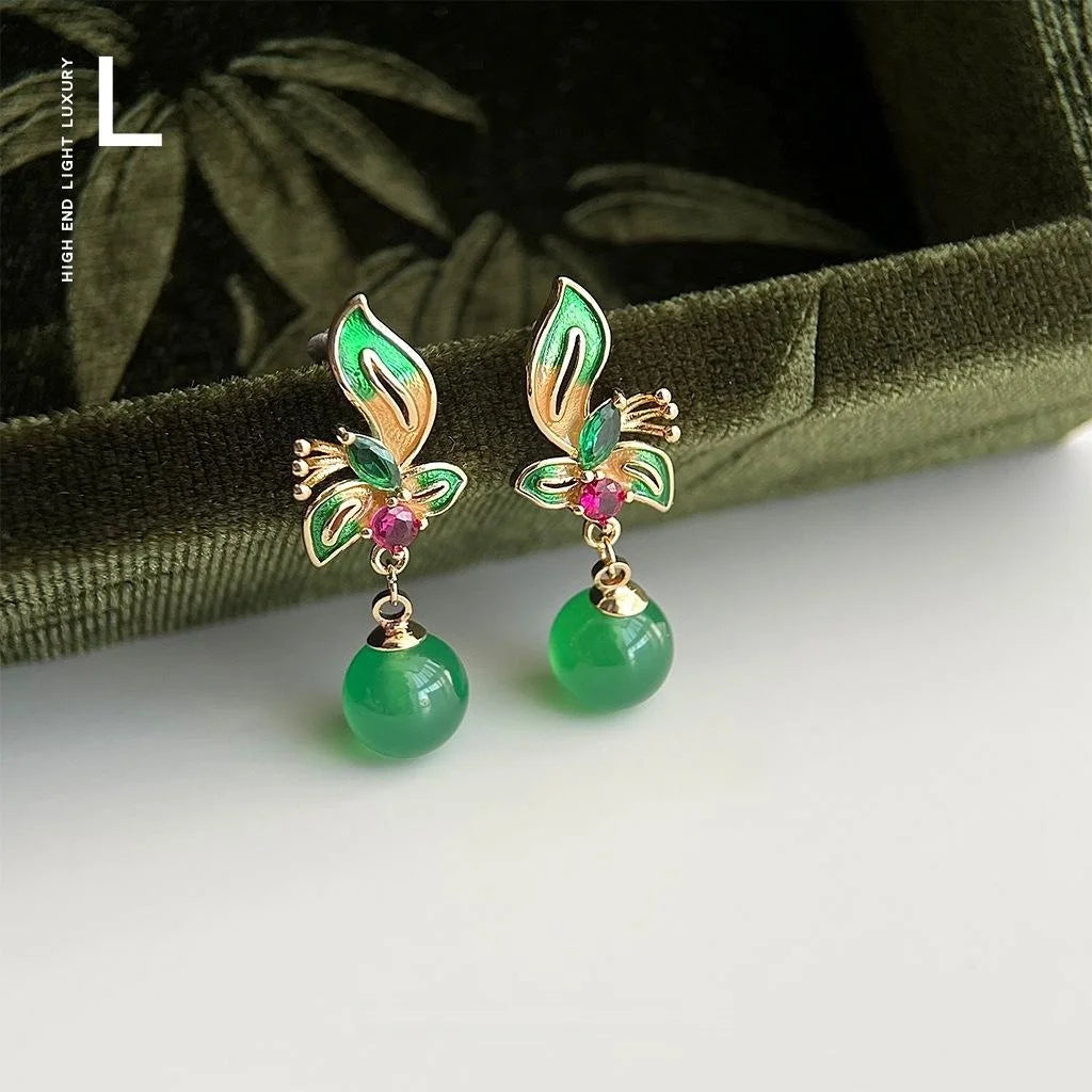 Chinese Style Green Agate Flower Drop Earrings, Copper Micro Pave Zircon Peacock Green Jewelry