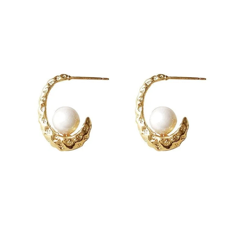 French Vintage Textured Oval Spoon Stud Earrings Copper And Pearl Accent