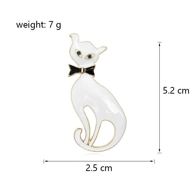 Cute White Enamel Cat With Black Bow Alloy Brooch, Green-Eyed Animal Lapel Pin Corsage Gift