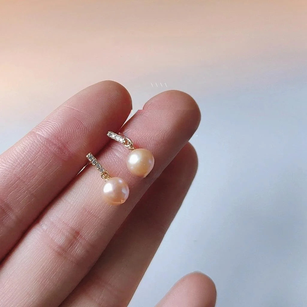 Mini Freshwater Pearl Zircon Geometric Stud Earrings With 14K Plated