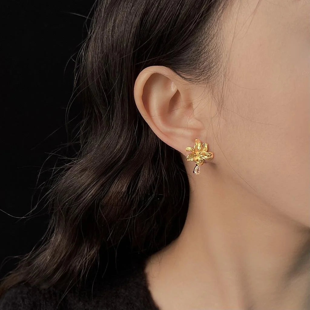 Elegant Vintage 14K Gold Plated Copper Lily Iris Dewdrop Flower Stud Earrings