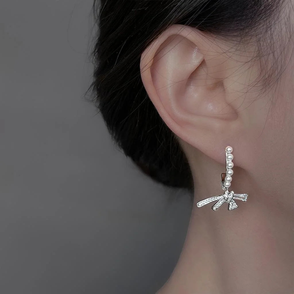 Light Luxury Copper Bow Micro Pave Zircon Silver Plated Pin Drop Earrings For Women