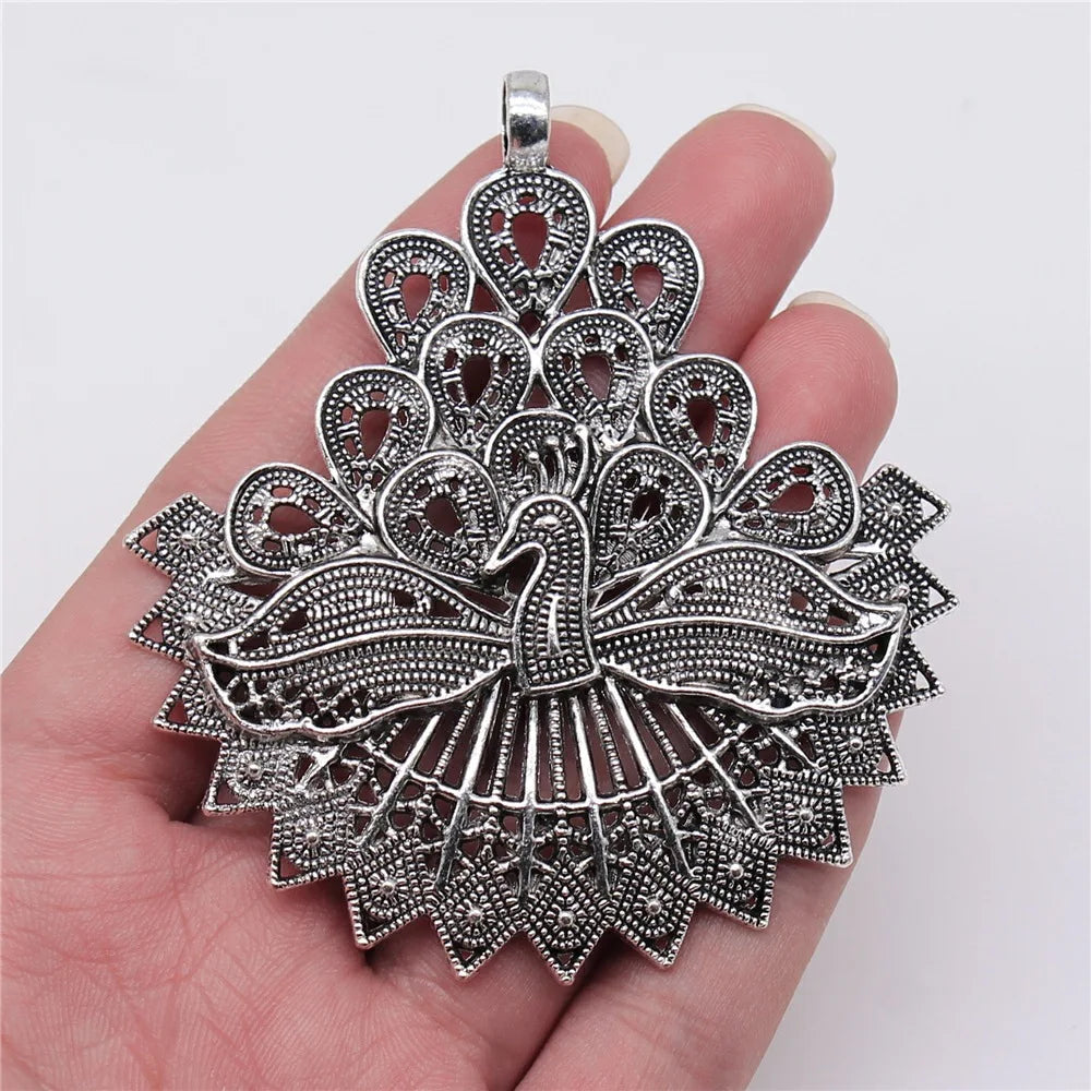 78x70mm 22g Antique Silver Zinc Alloy Large Peacock Charm Pendant for DIY Necklace Jewelry Making