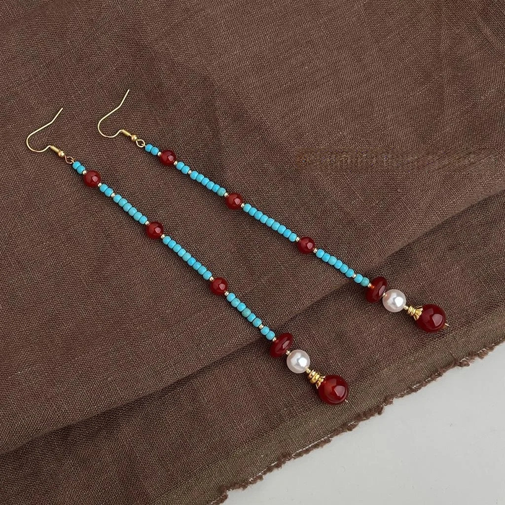 Long Tassel Drop Earrings With Synthetic Turquoise And Red Agate Geometric Chinese Chic Style