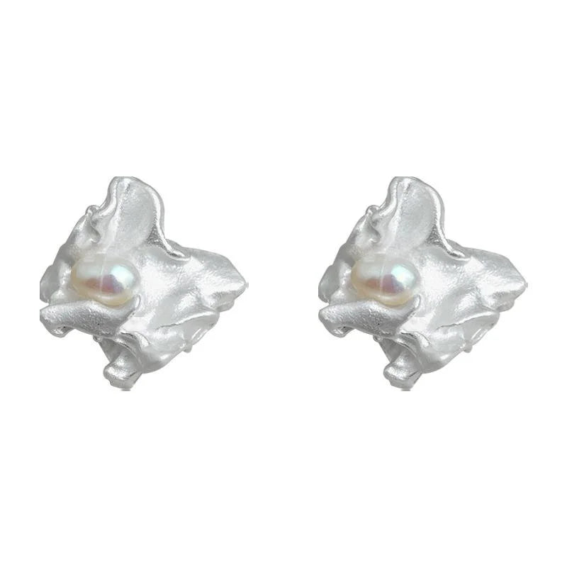 Irregular Heart Freshwater Pearl Stud Earrings Liquid Silver Minimalist Statement Design