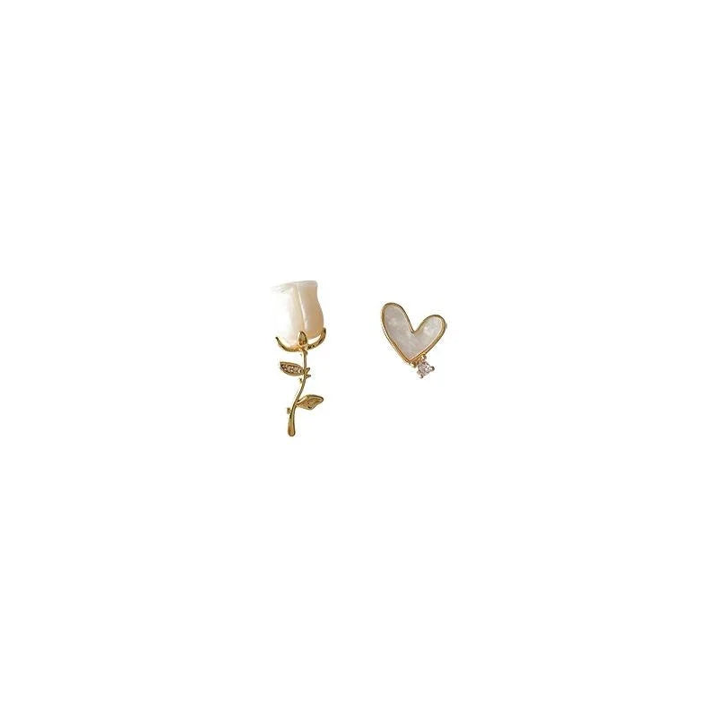 French Vintage Copper Asymmetric Rose Heart Stud Earrings For Women Hepburn Style Jewelry