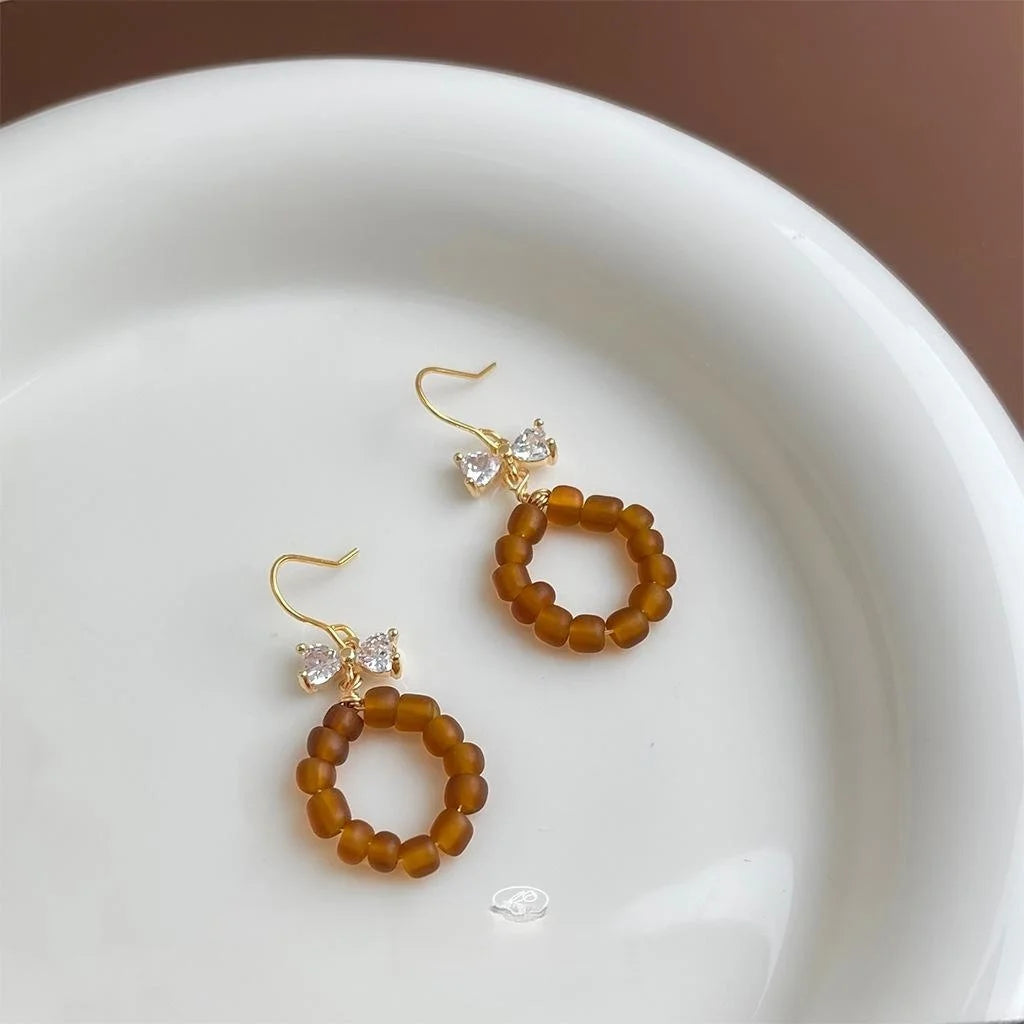 Maillard Style Copper Zircon Bow Geometric Tassel Heart Drop Earrings Vintage Handmade Jewelry