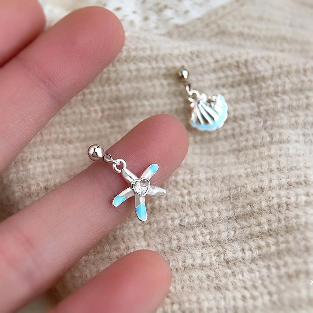 Summer Asymmetric Copper Shell Star Drop Earrings For Women, Sweet Cute Seaside Mini Jewelry