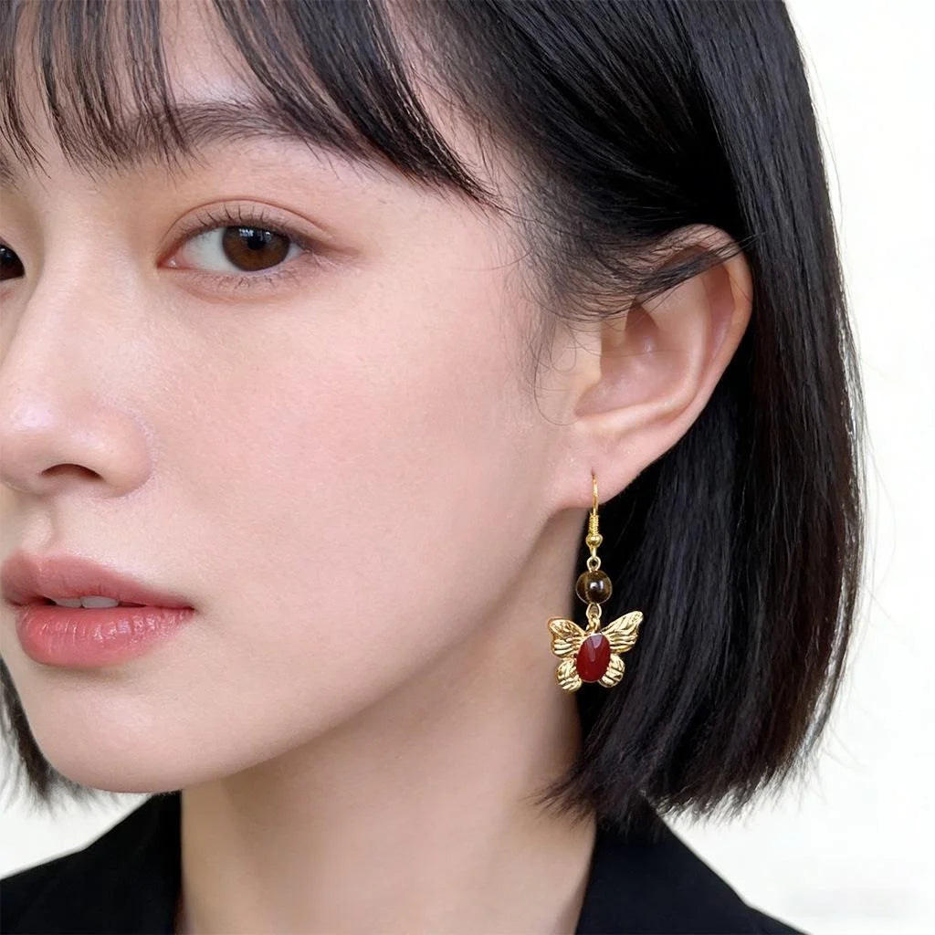 Vintage Hong Kong Style Burgundy Enamel Butterfly Tiger Eye Stone Drop Earrings for Women