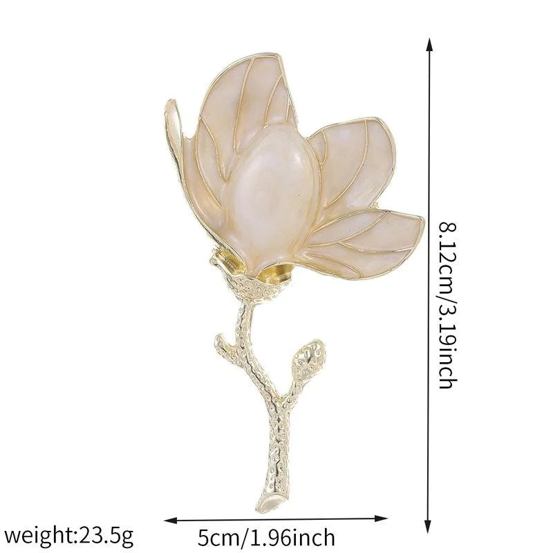 Elegant French Magnolia Flower Brooch With Mother Of Pearl Enamel Petals, Gold Alloy Lapel Pin Corsage Gift