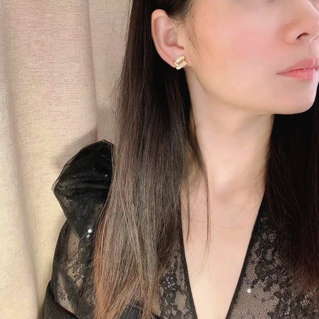 Elegant Geometric Diamond Link Zircon Alloy Stud & Clip On No Piercing Commuter Fashion Earrings