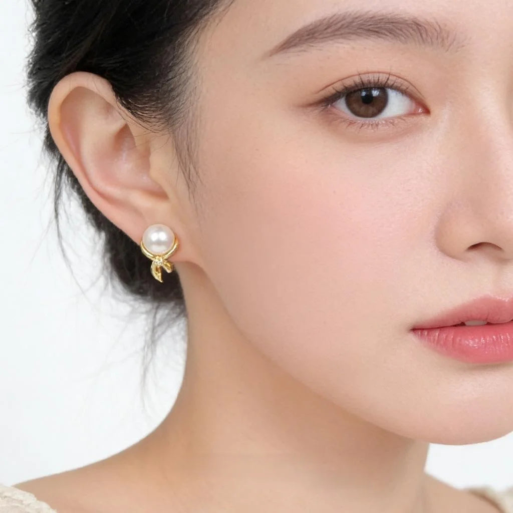 Original Designer Bow Stud Earrings With Copper, Lustrous Pearl And Zircon, Elegant OL Style