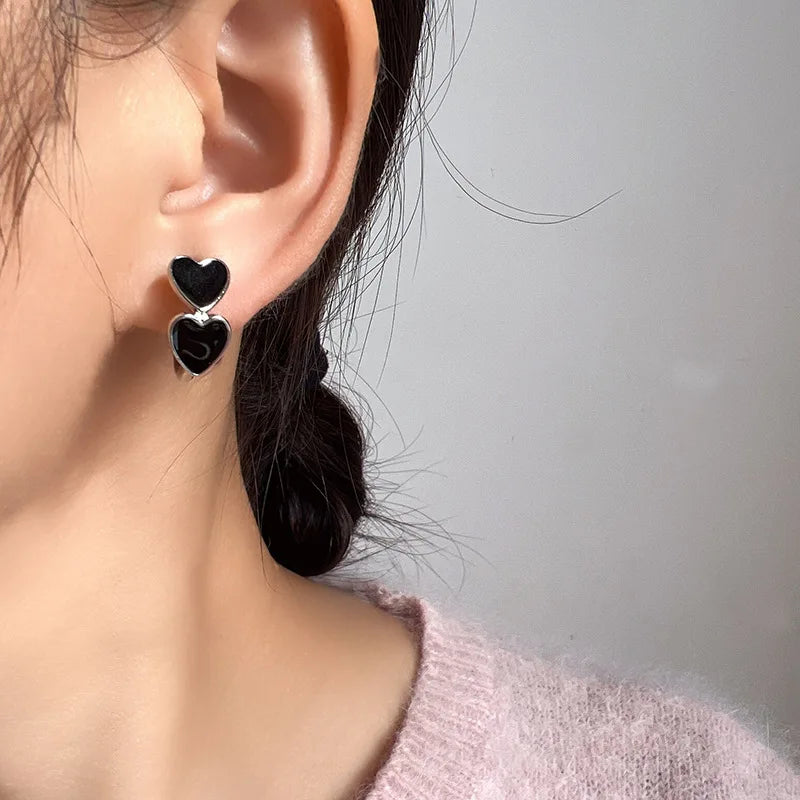 Vintage Black Enamel Heart C Hoop Alloy Stud & Clip On No Piercing Spiral Ear Cuff Earrings