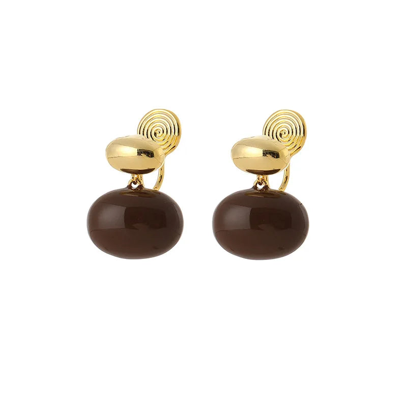 Elegant Gold Alloy Spiral Disk Coffee Enamel Bean Stud & Clip On No Piercing Drop Earrings