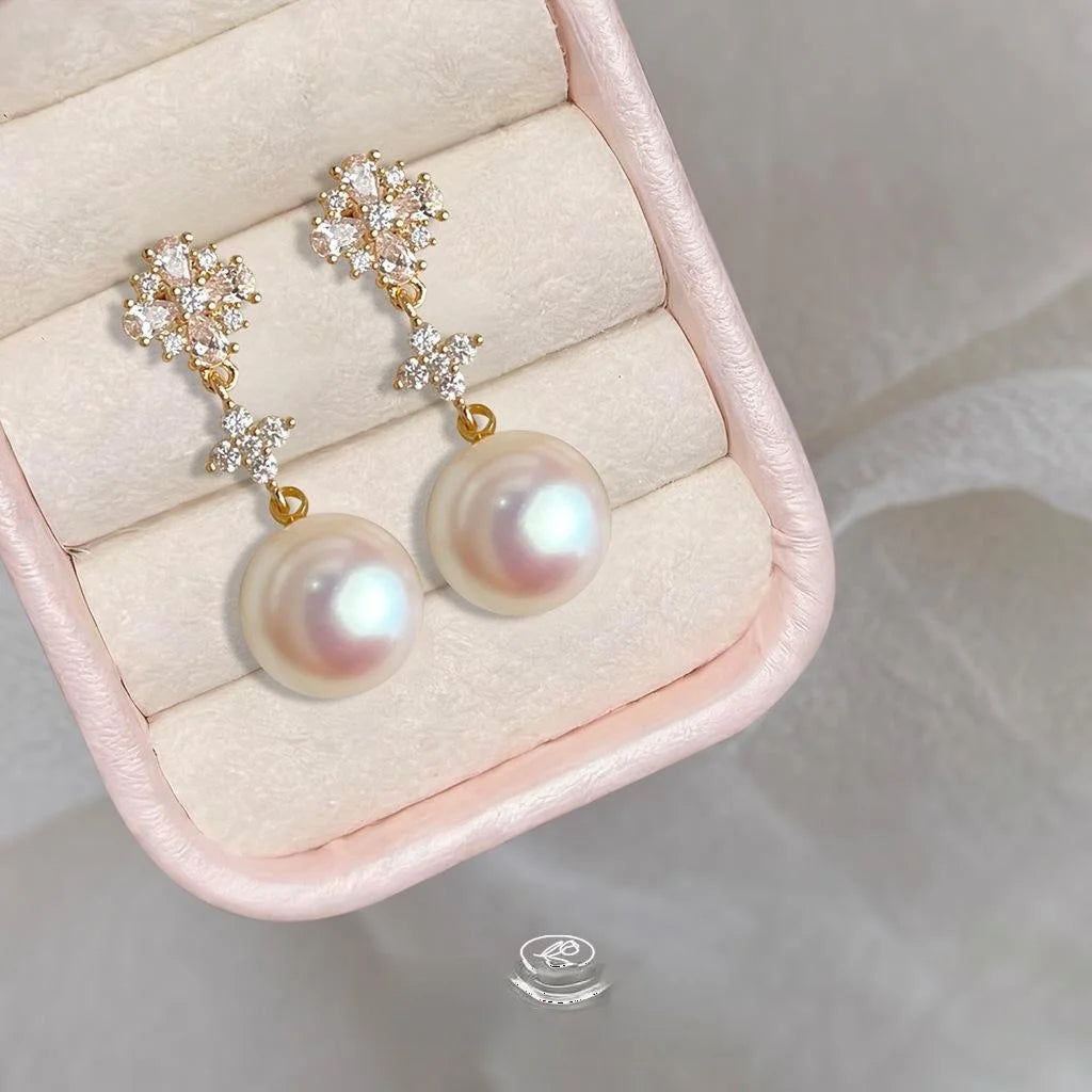 14K Plated Copper Pearl Drop Earrings With Micro Pave Zircon Floral Petal Luxury Design
