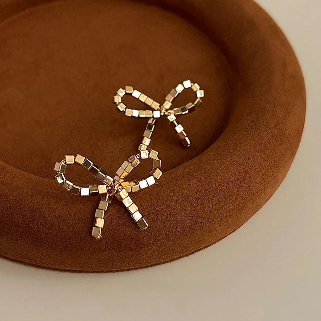 Fashion Designer 14K Plated Copper 3D Bow Stud Earrings