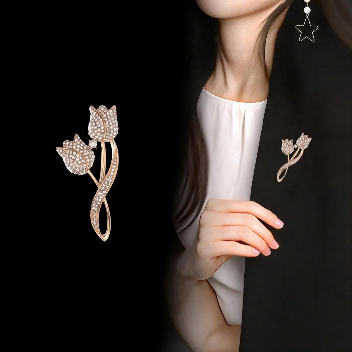 Elegant Rhinestone Tulip Flower Brooch For Women, Rose Gold Alloy Lapel Pin Corsage Suit Accessory Gift