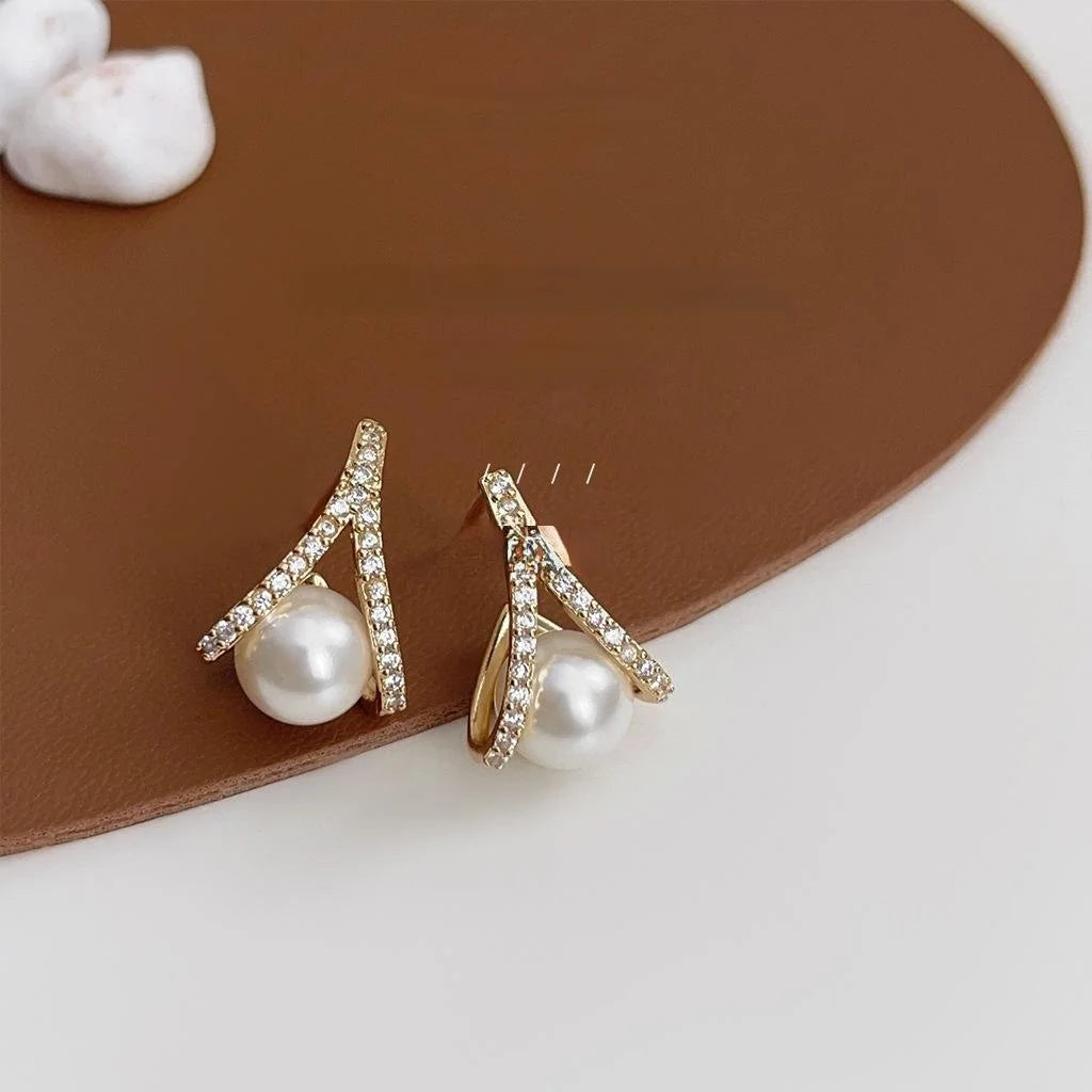 Eco-Friendly Copper Pearl Zircon Cross Drop Earrings Light Luxury Geometric Commuter Jewelry