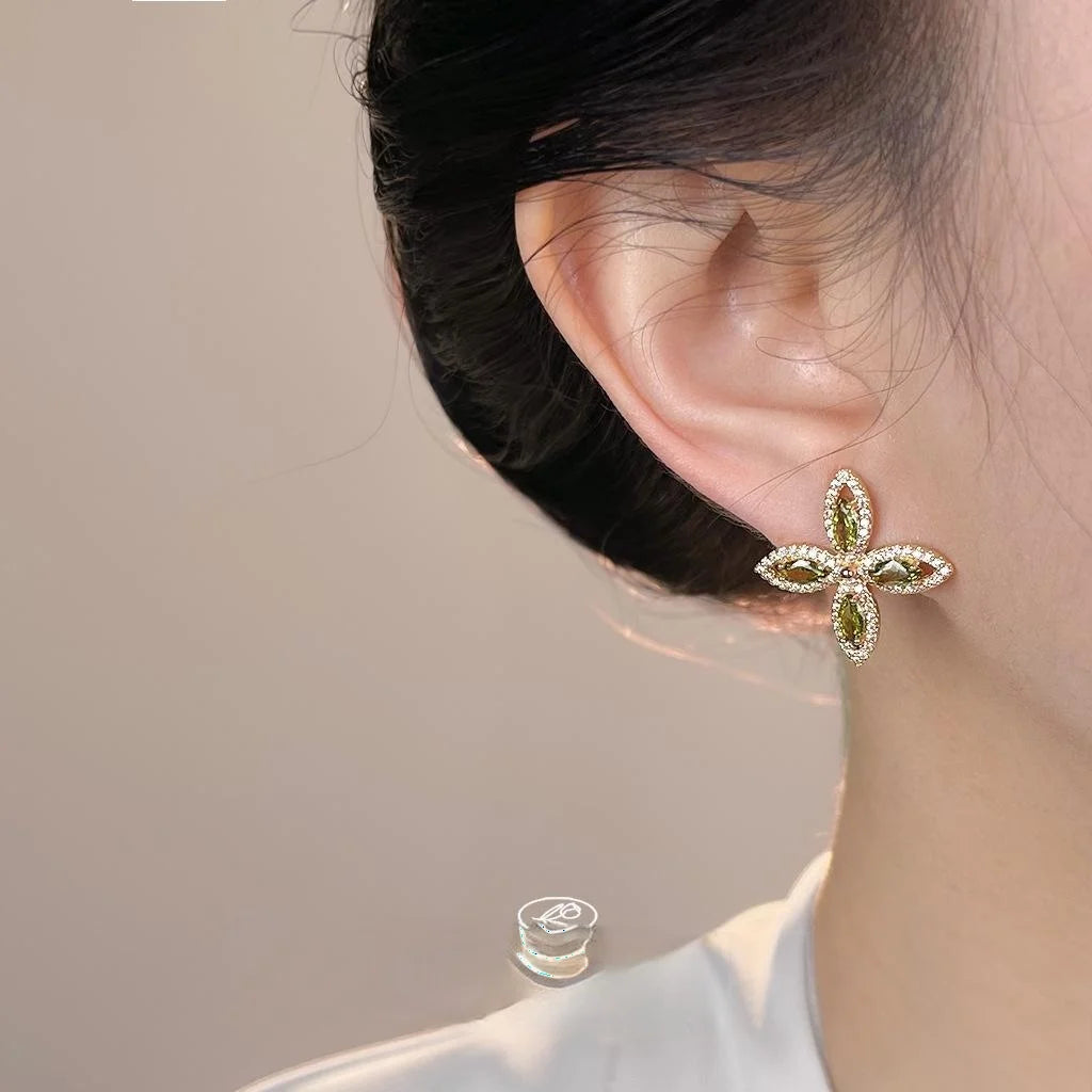 Light Luxury Olive Green Micro Pave Zircon Geometric Flower Drop Earrings For Women