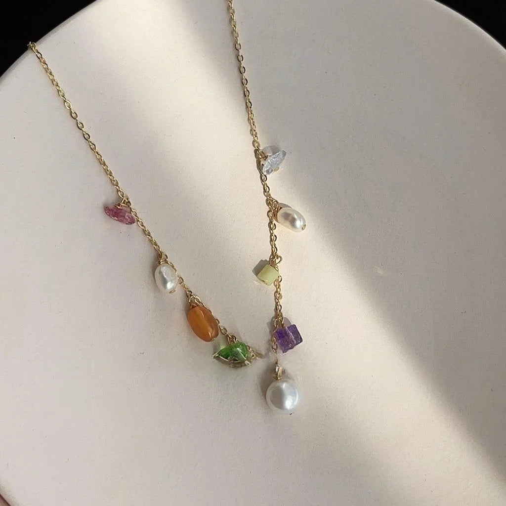 Original Design Handmade Sweet Summer Irregular Stone Chip And Freshwater Pearl Geometric Choker Necklace For Women