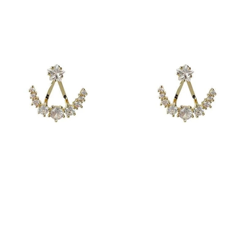 Micro Pave Zircon Star Moon Stud Earrings Eco Copper Two Way Fashion OL Silver Plated Pin
