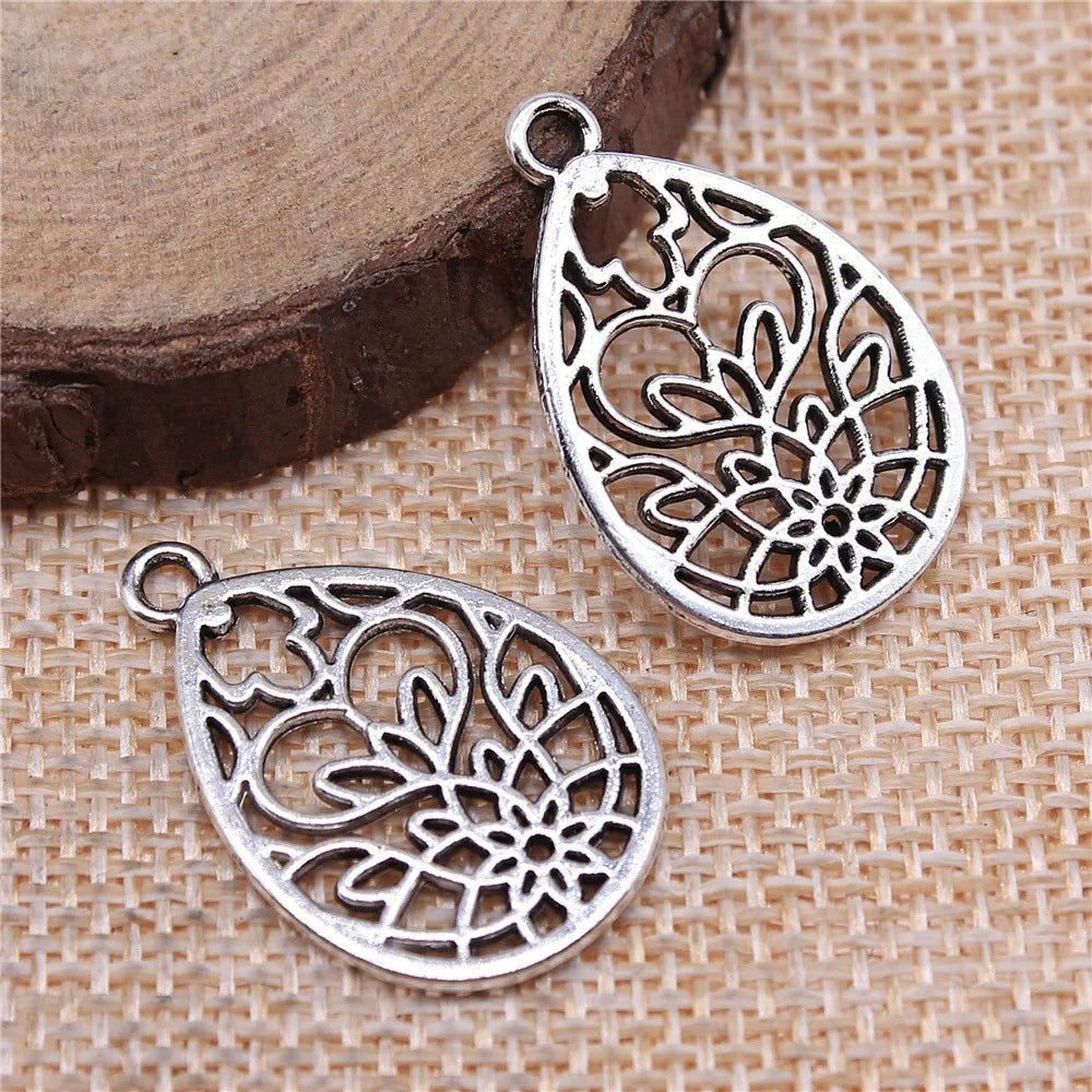 27x18mm 1.9g Zinc Alloy Openwork Waterdrop Teardrop Hollow Earring Charms with Floral Pattern for DIY Jewelry Making