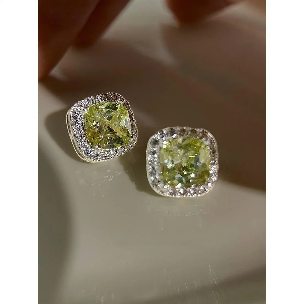 Olive Green Square Sugar Cube Zircon Stud Earrings Eco-Friendly Copper Elegant Minimalist Jewelry