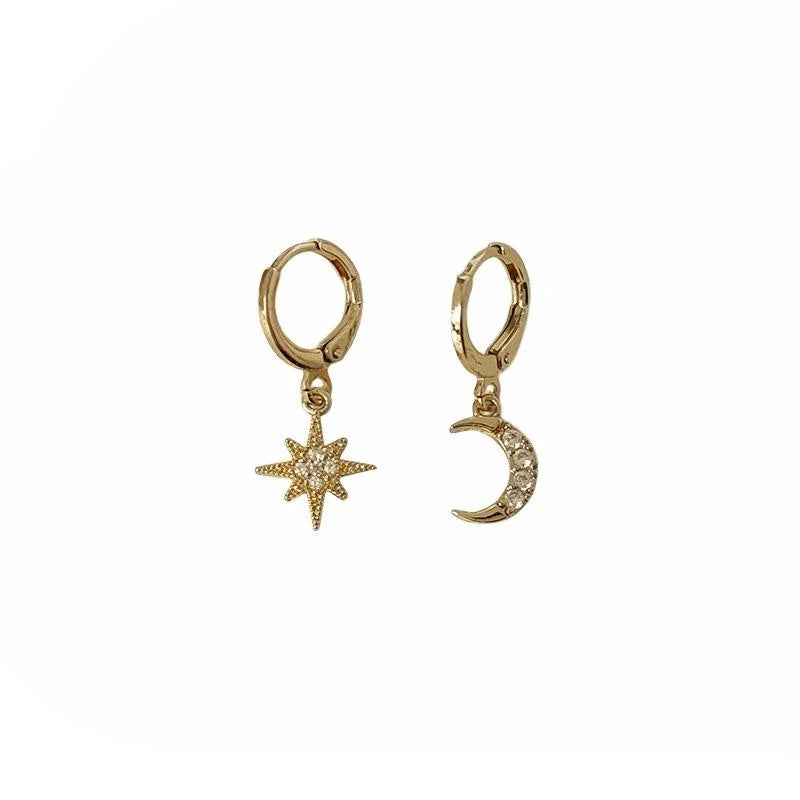 14K Gold Plated Zircon Star Moon Hoop Earrings Korean Minimalist Eight Point Design