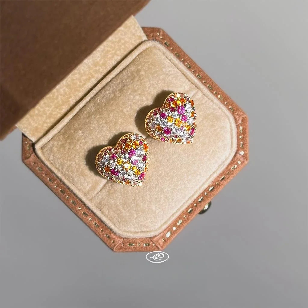 Light Luxury Full Zircon Colorful Heart Stud Earrings Copper Fashion Jewelry