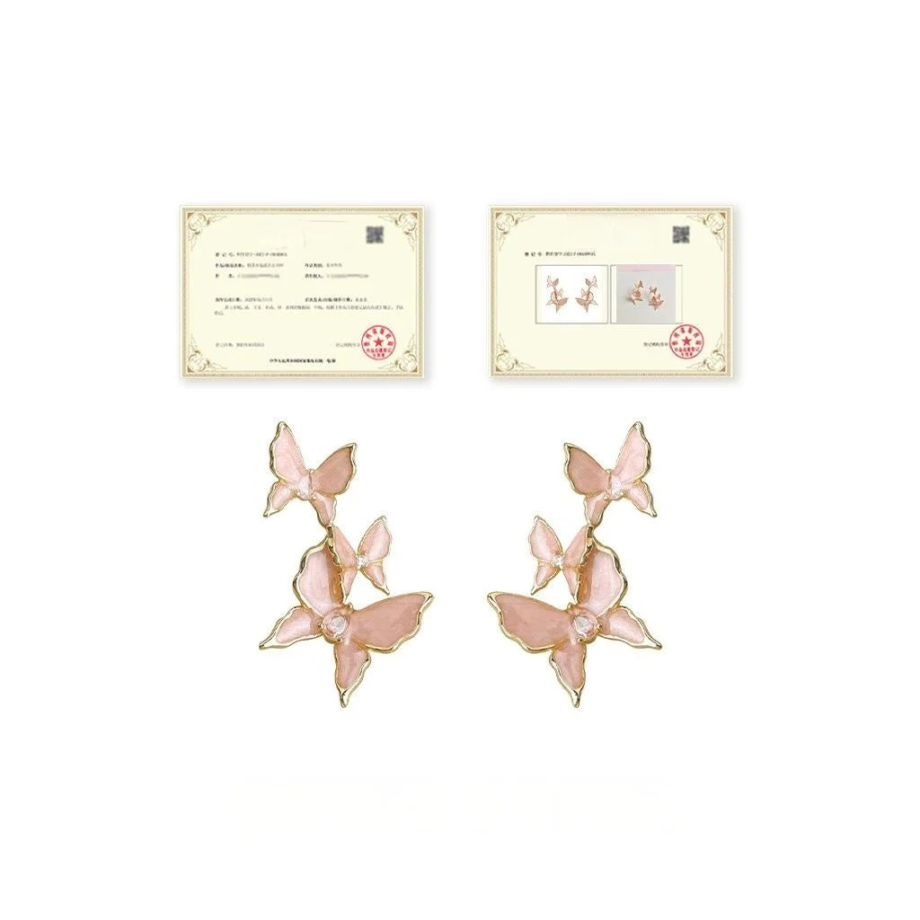 Sweet Pink Copper Butterfly Drop Earrings With Micro Pave Zircon, Elegant Summer Jewelry