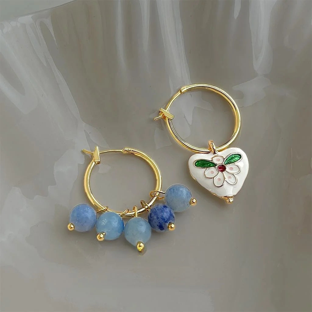 Vintage Asymmetric Heart Stud Earrings 14K Plated Copper Enamel Cloisonne Style Jewelry