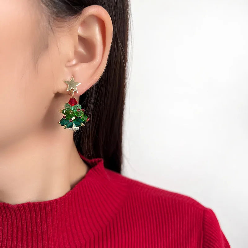 Elegant 3D Christmas Tree Star Crystal Bead Alloy Stud & Clip On No Piercing Holiday Drop Earrings