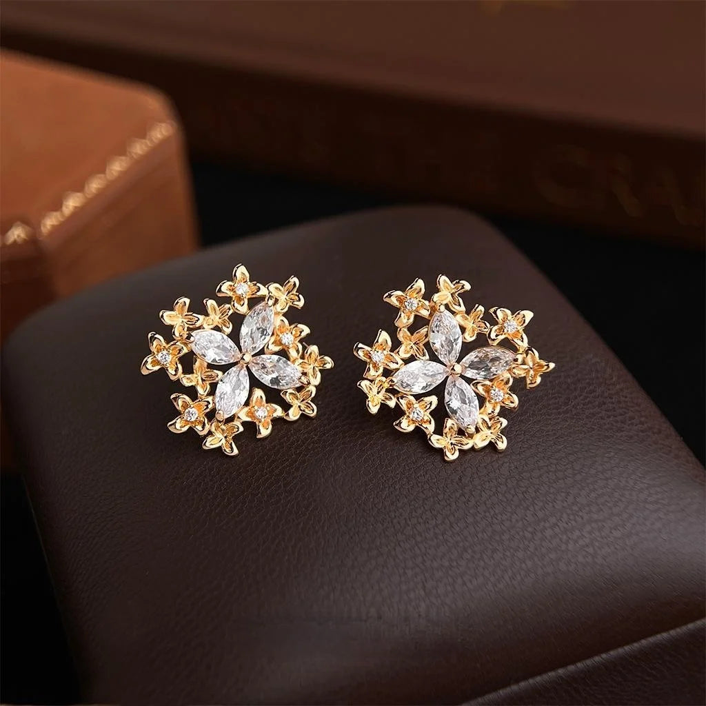 Light Luxury Zircon Inlaid Flower Petal Copper Drop Earrings