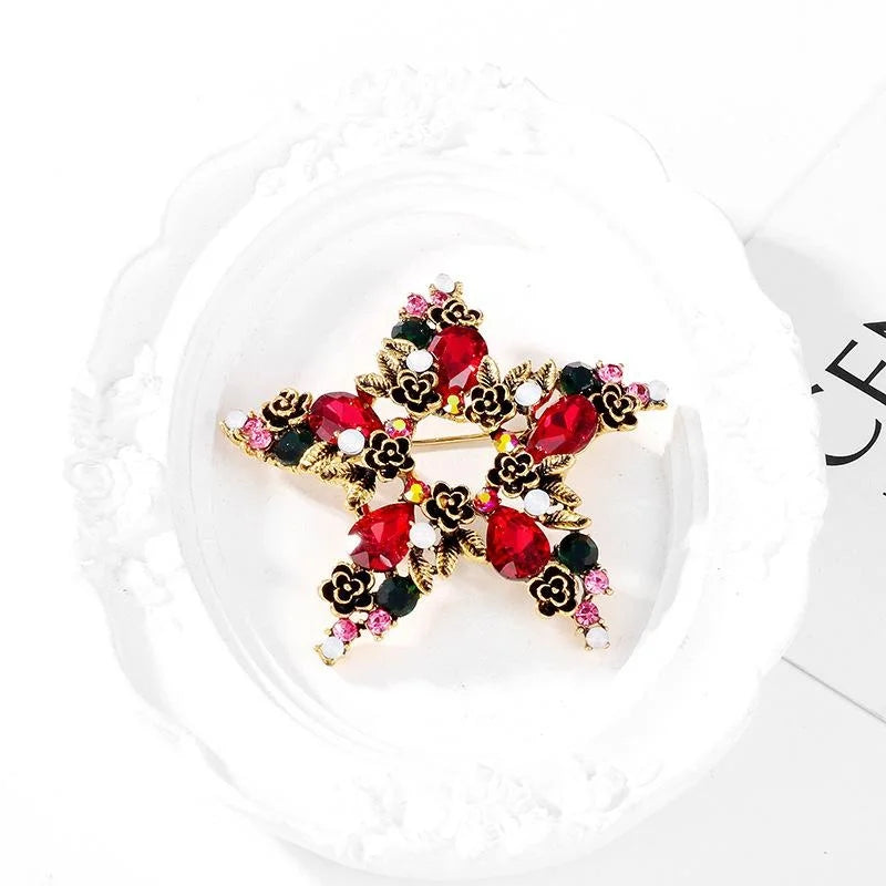 Vintage Hollow Star Brooch With Red Rhinestones And Enamel Flowers, Elegant Christmas Lapel Pin Gift