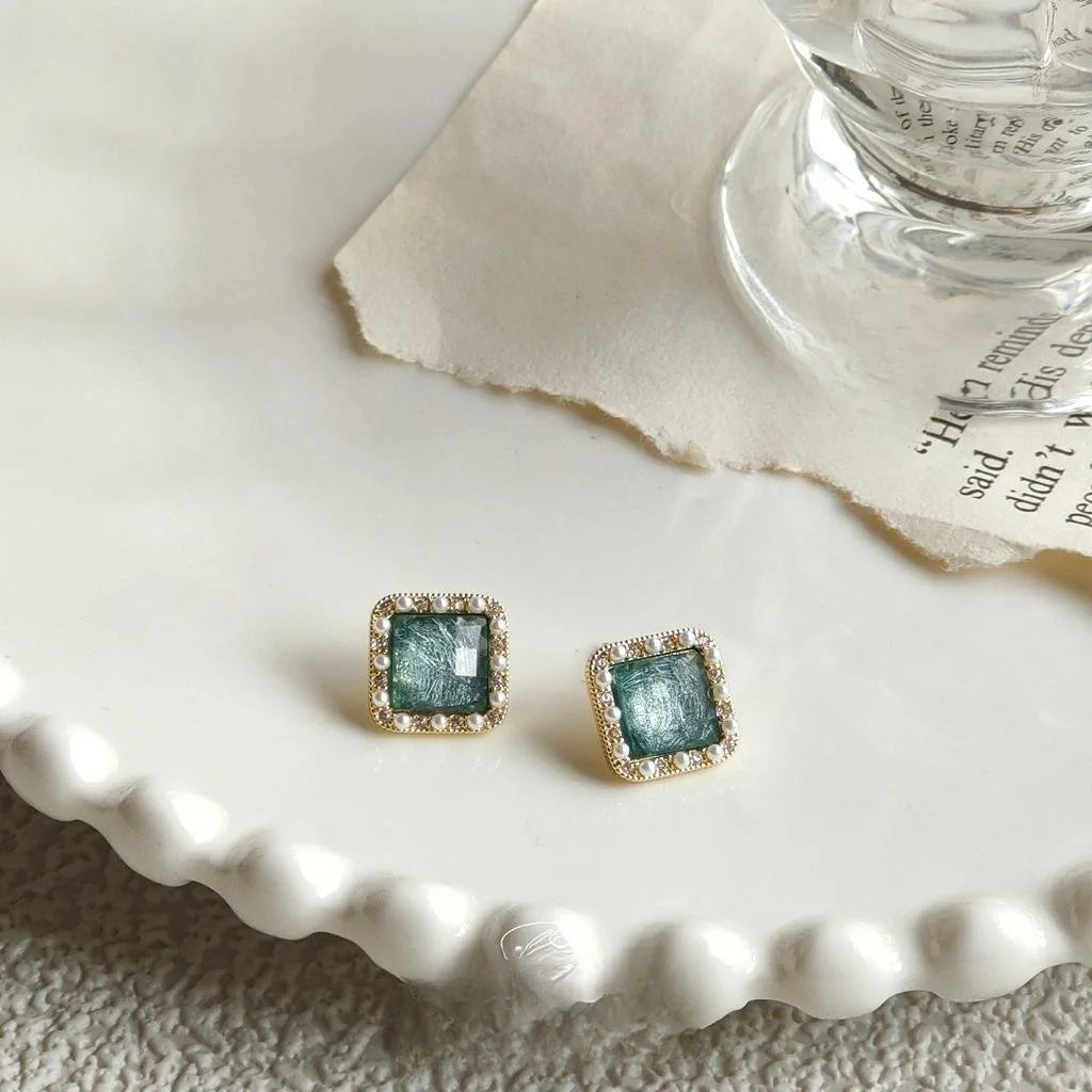 14K Plated Copper Geometric Starry Blue Pearl Zircon Stud Earrings For Women