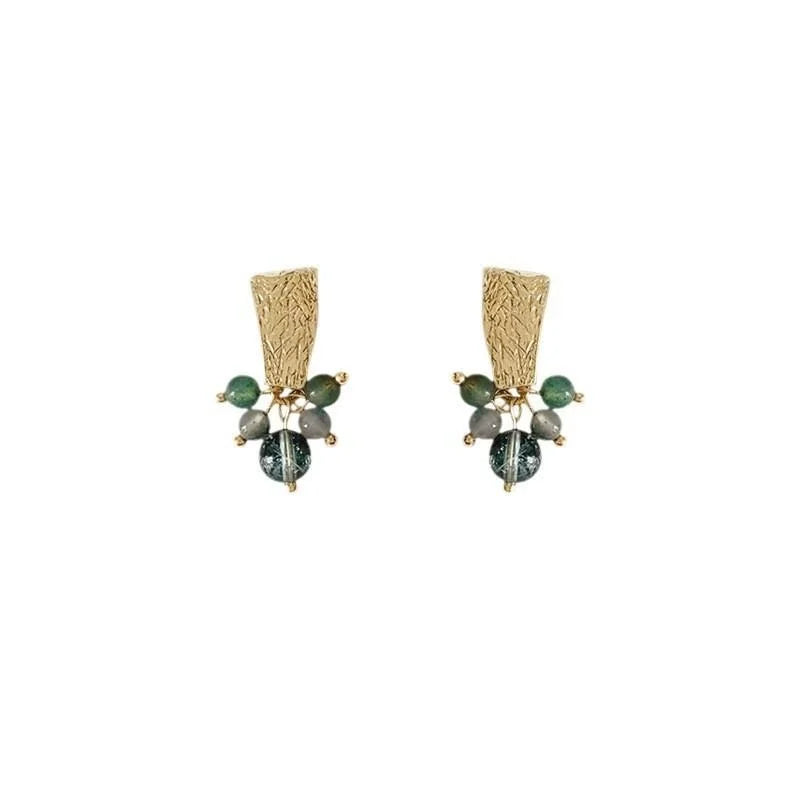 Vintage Handmade Ghost Stone Stud Earrings French Retro Hammered Eco Copper Geometric Line Jewelry