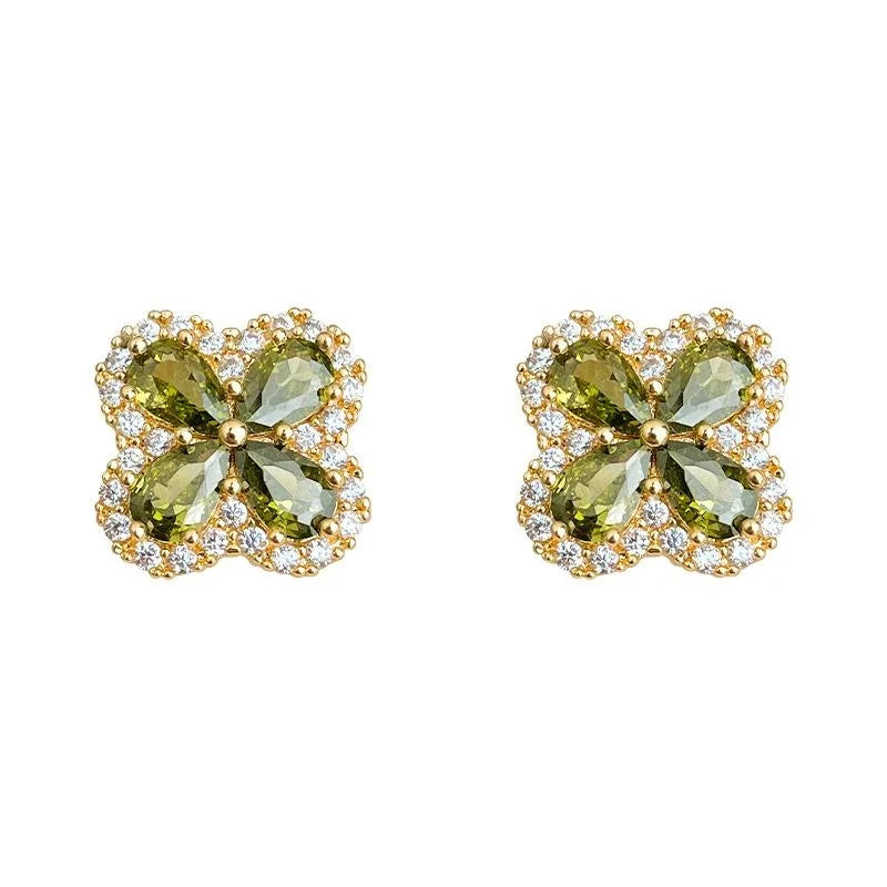 Luxury Micro Pave Zircon Olive Green Flower Petal Silver Plated Stud Earrings For Daily Wear