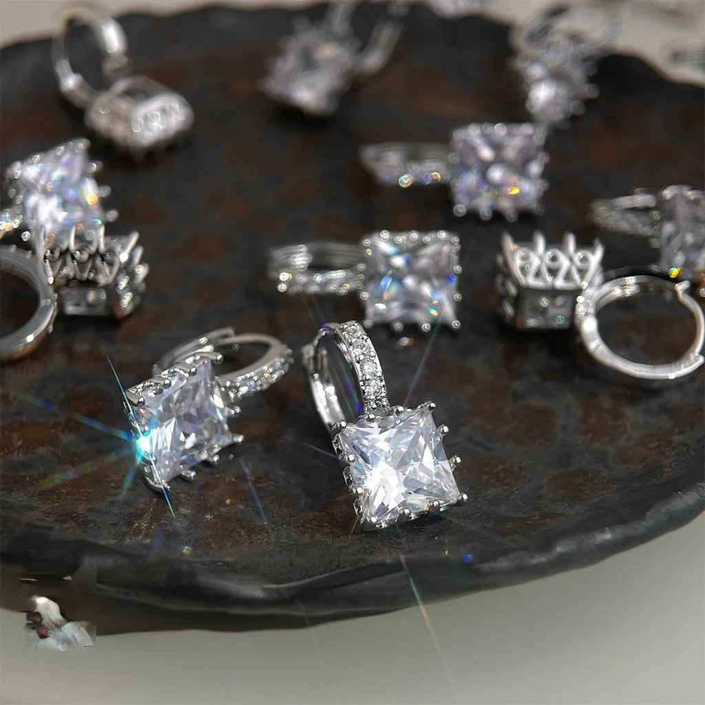 Sparkling Square Geometric Zircon Copper Drop Earrings Minimalist Commuter Fashion Jewelry