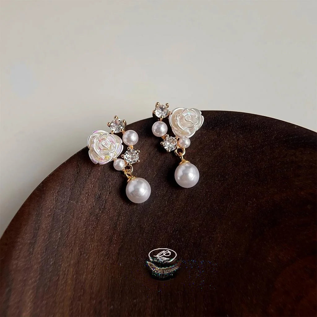 Elegant 14K Plated Micro Pave Zircon Flower Resin Glossy Pearl Drop Earrings