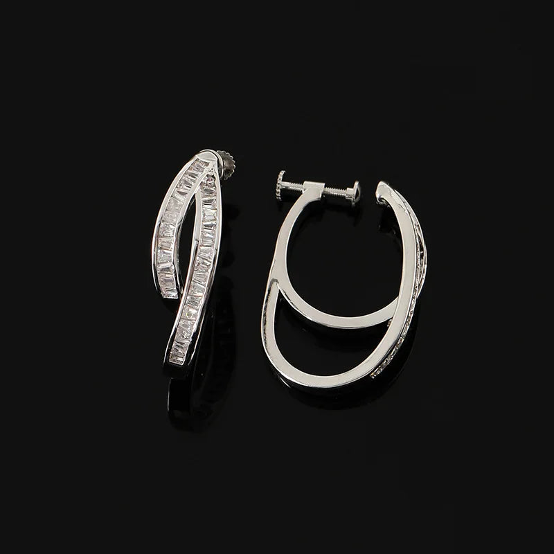 Luxury Irregular Double Cross Hoop Zircon Stud & Clip On No Piercing Women's Fashion Earrings