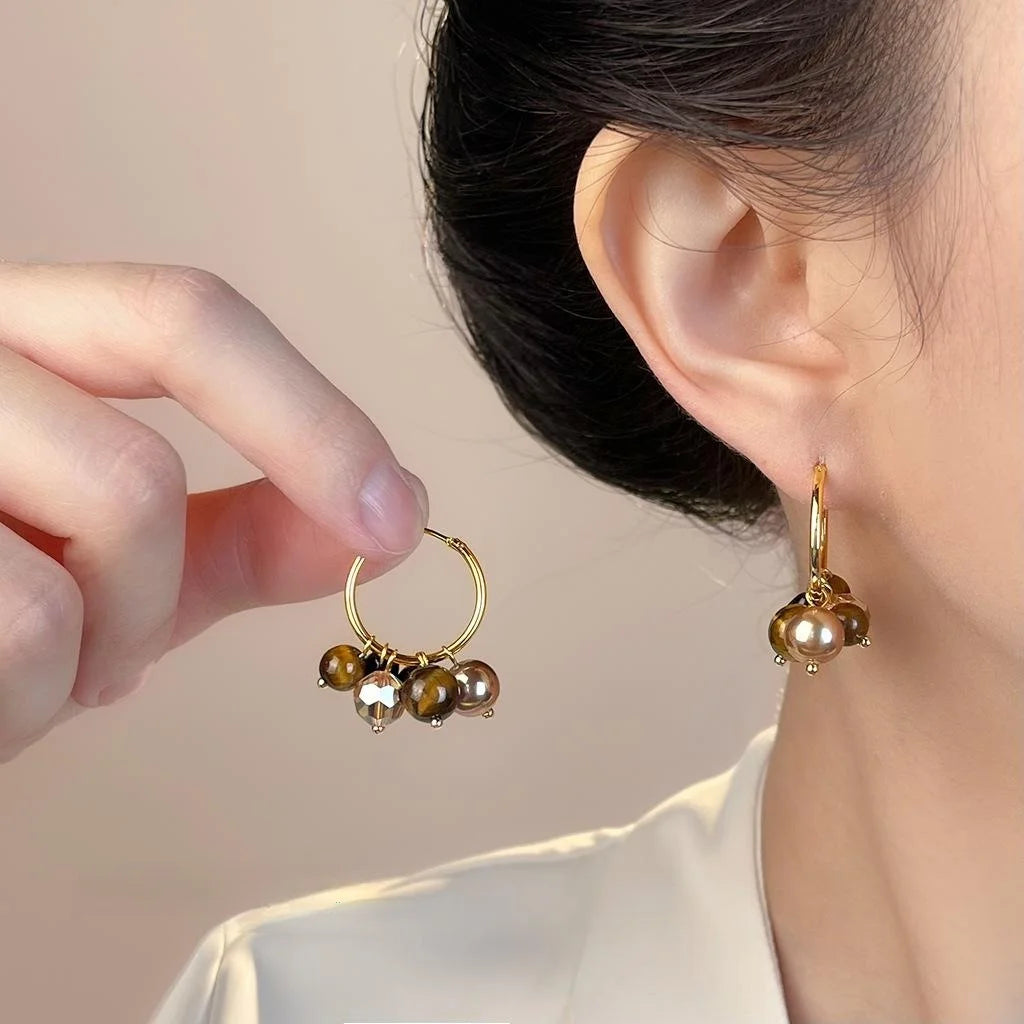 Handmade Vintage Geometric Copper Hoop Earrings With Tiger Eye Stone Glass Pearl Crystal Black Agate