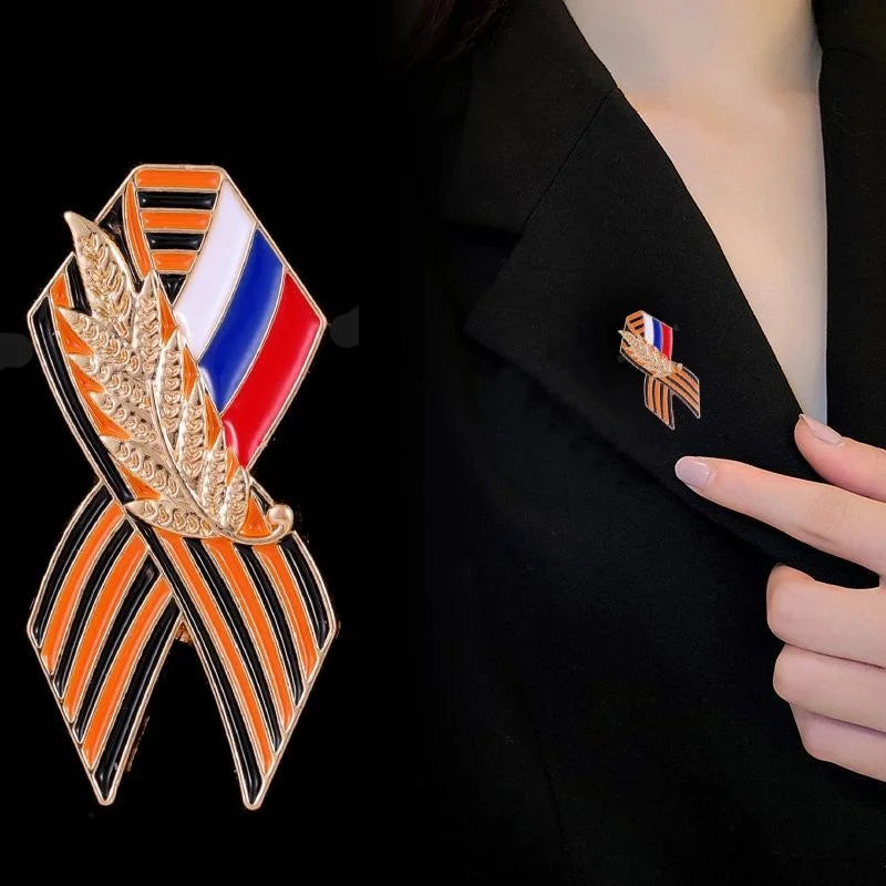 Elegant Alloy Enamel Wheat Ear Ribbon Brooch With Flag Colors, Russian Style Lapel Pin Suit Accessory Gift