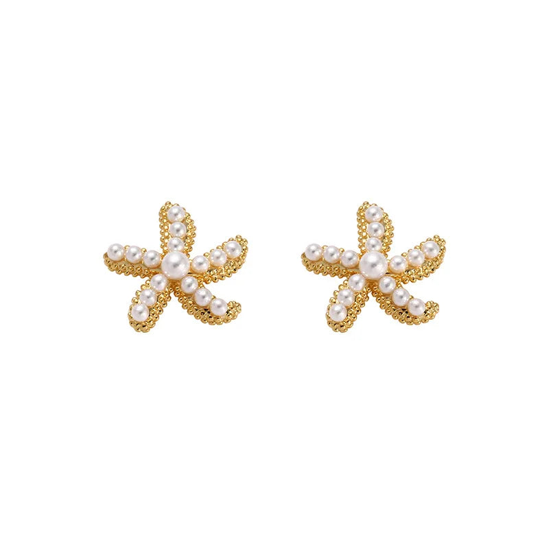 Elegant Gold Alloy Pearl Starfish Ocean Stud & Clip On No Piercing Women's Fashion Earrings