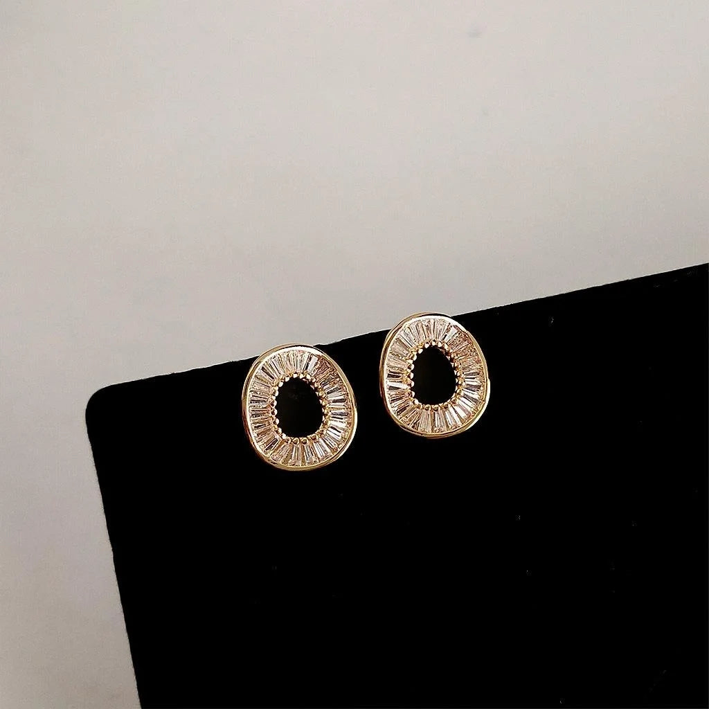 14K Gold Plated Copper Micro Pave Zircon Geometric Hollow Round Stud Earrings