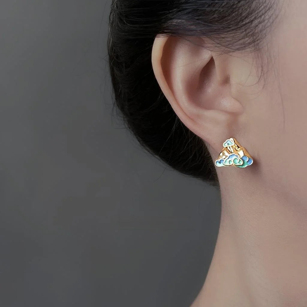New Chinese Style Geometric Mountain Cloud Painted Enamel Copper Stud Earrings
