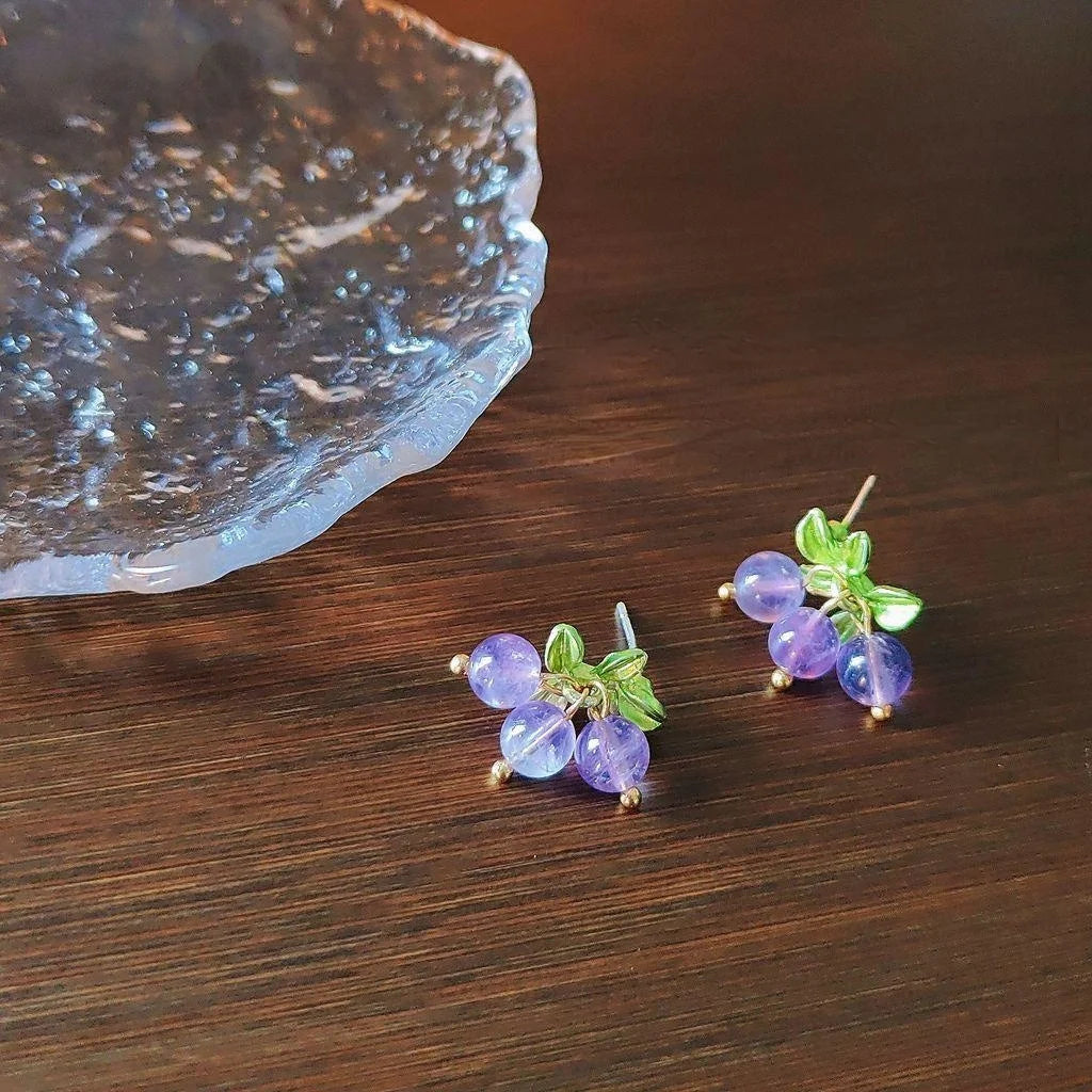 Natural Amethyst Stone Grape Stud Earrings Silver Plated Enamel Pastoral Handmade Jewelry