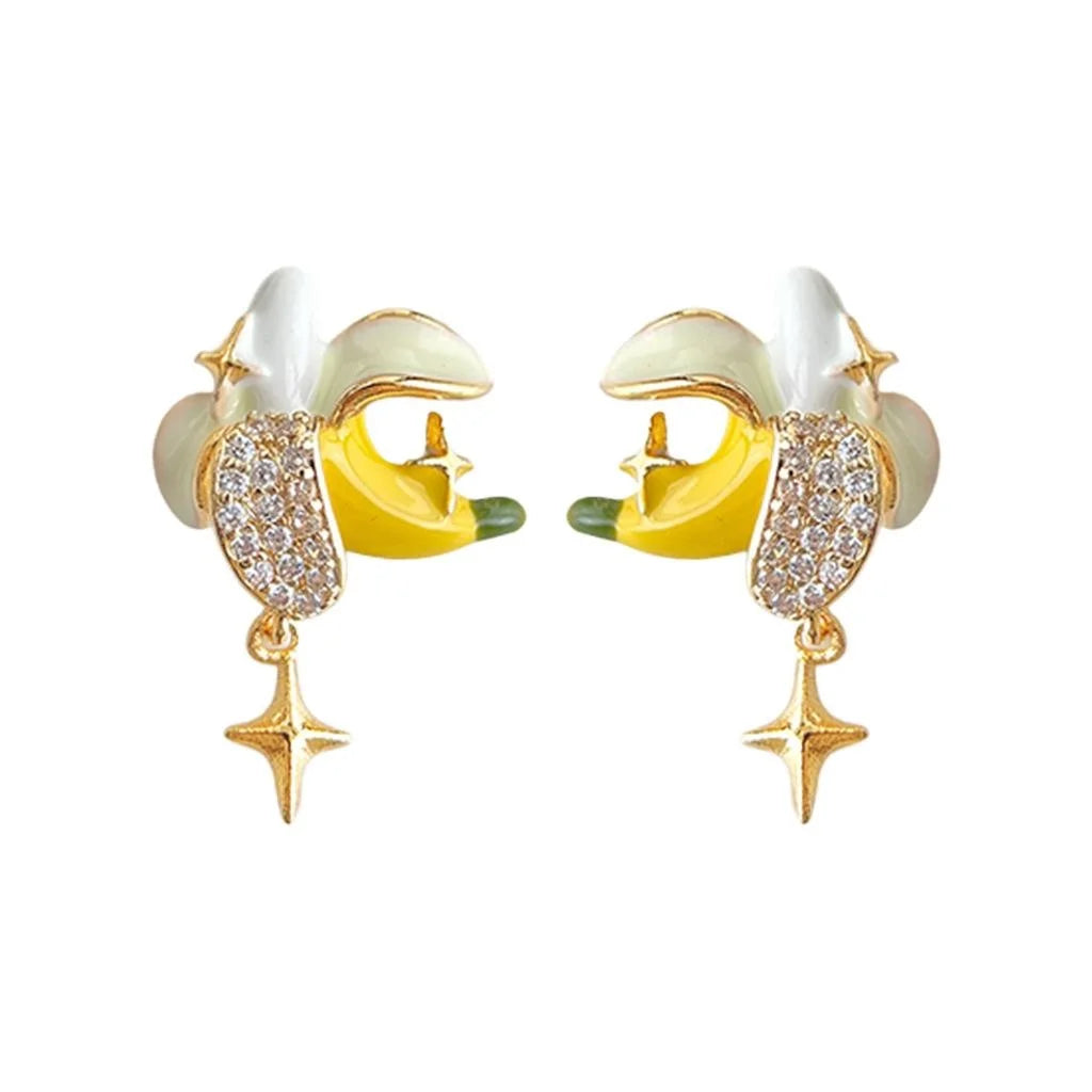 Cute Banana Stud Earrings Copper Zircon Micro Pave Hand Painted Enamel Fruit Jewelry
