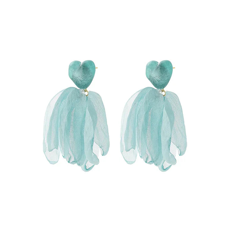 Blue Heart Chiffon Petal Lightweight Elegant Vacation Stud & Clip On No Piercing Flower Drop Earrings